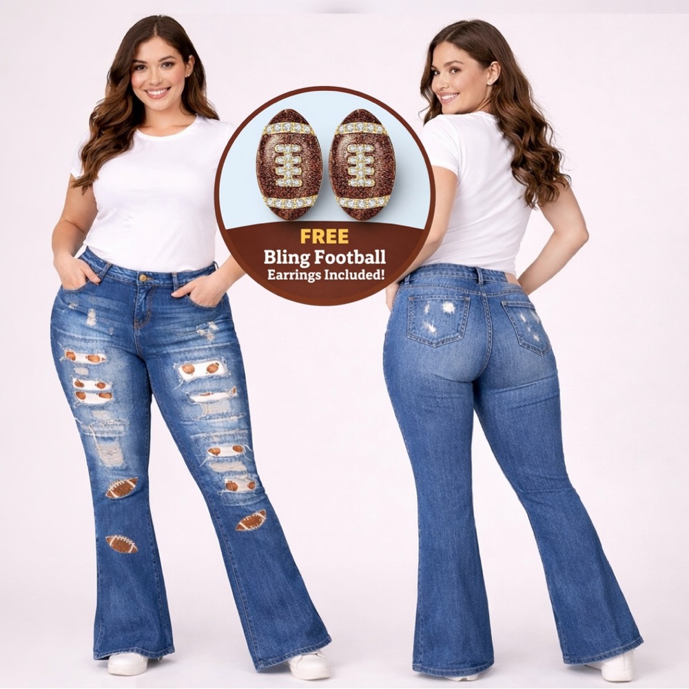Football Distressed Stretch Jeans, High-Waisted Comfy Stretchy Fit, 2X or 3X